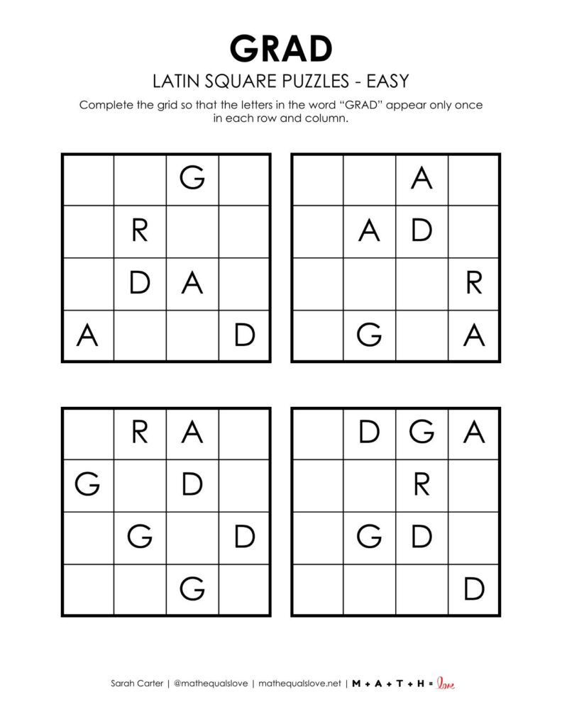 grad latin square logic puzzle - level easy.