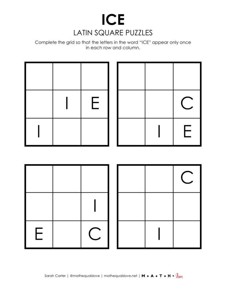 ice latin square logic puzzle for winter. 
