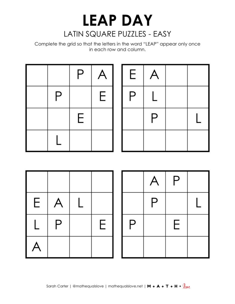 leap day latin square puzzle level easy.