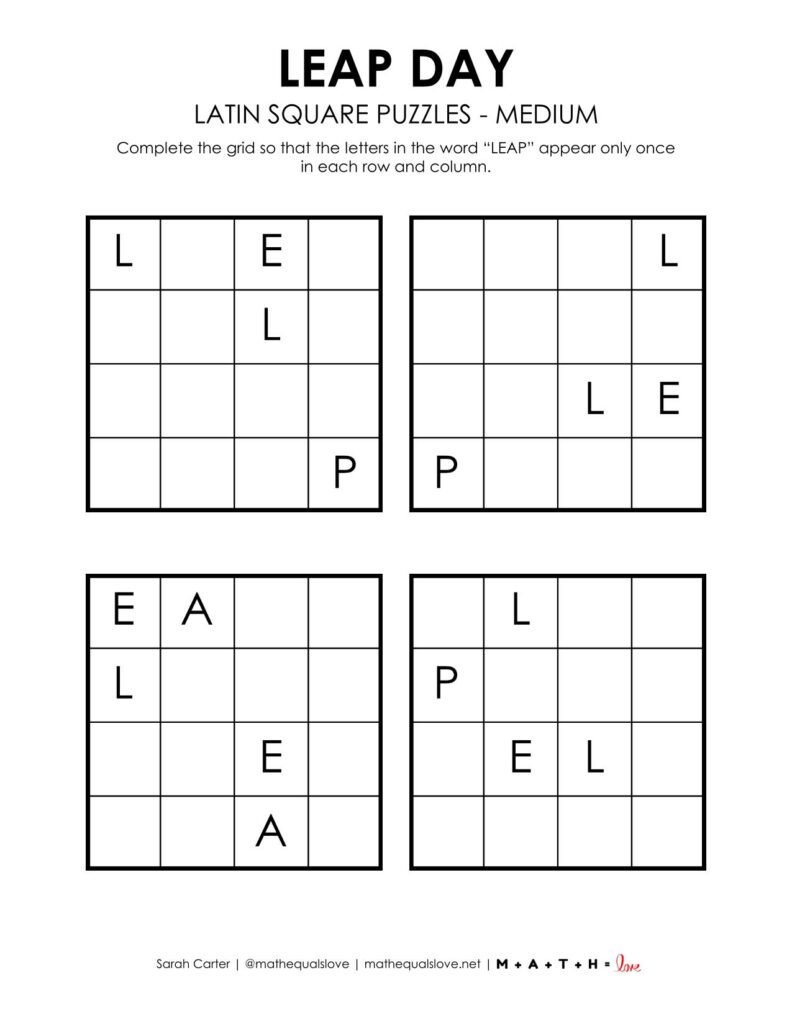 leap day latin square logic puzzle level medium.