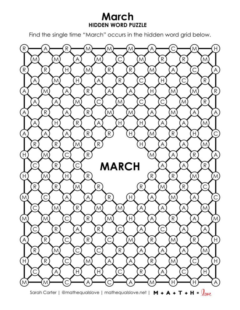 March Hidden Word Puzzle | Math = Love