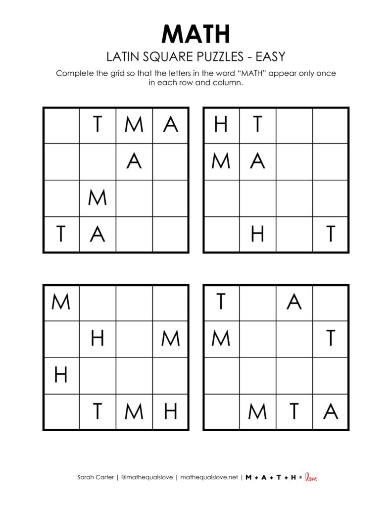 math latin square puzzles - level easy. 