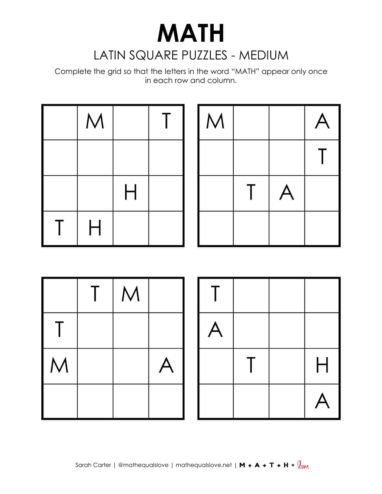 Math Latin Square Puzzles | Math = Love