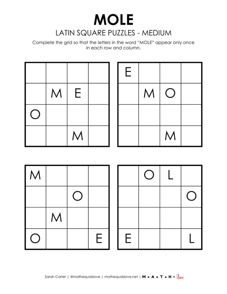 mole day latin square logic puzzle level medium. 