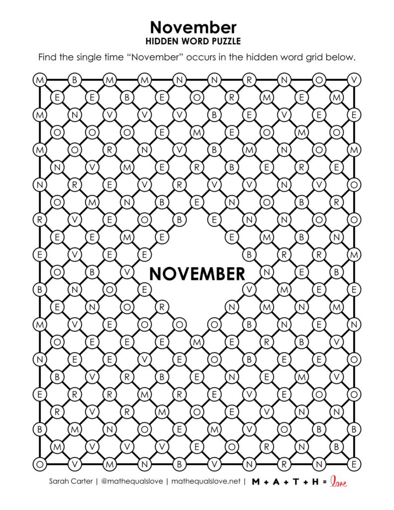 november hidden word puzzle. 