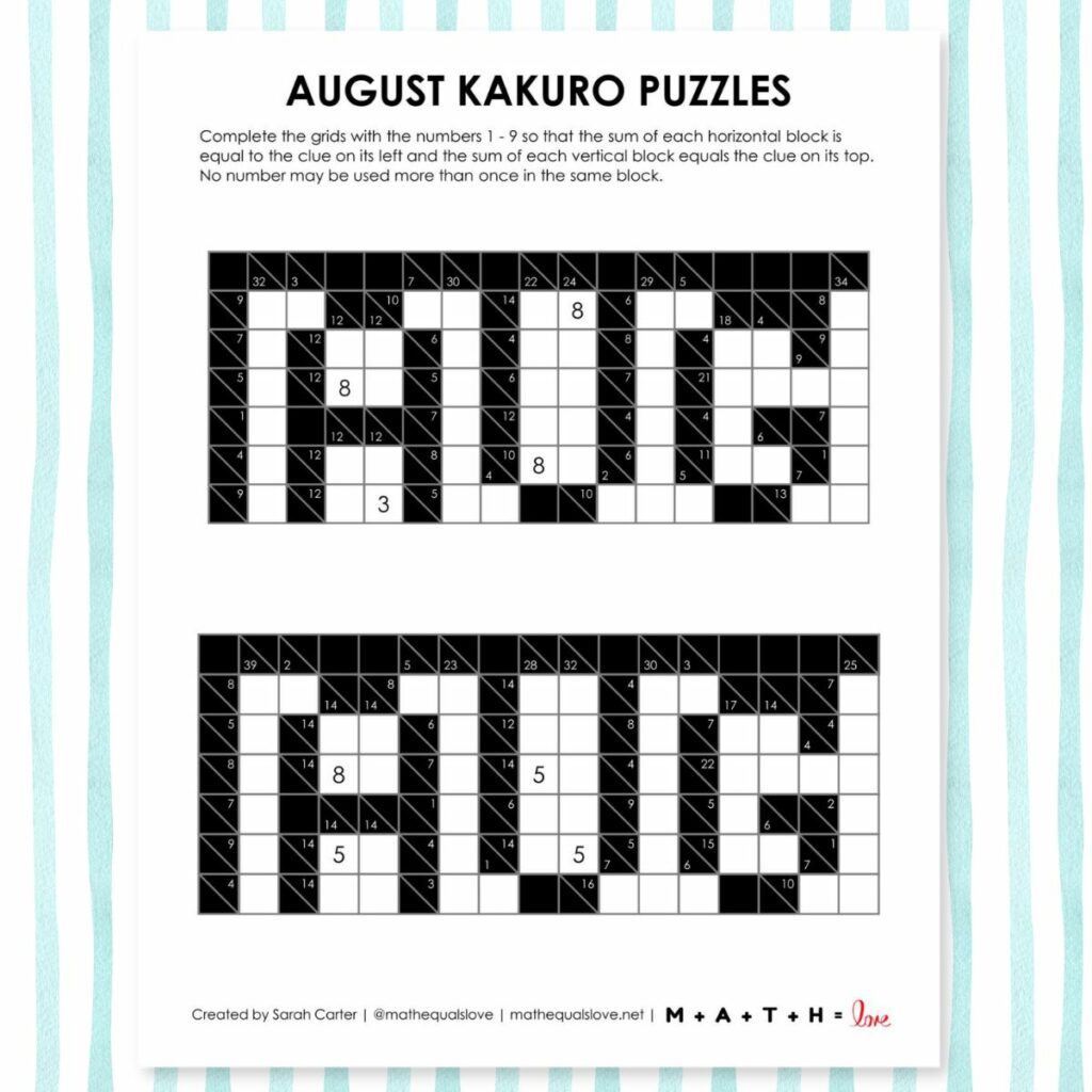 august kakuro puzzles free printable pdf.