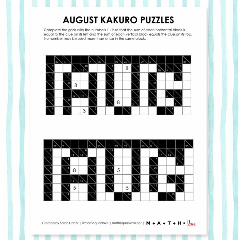 august kakuro puzzles free printable pdf.