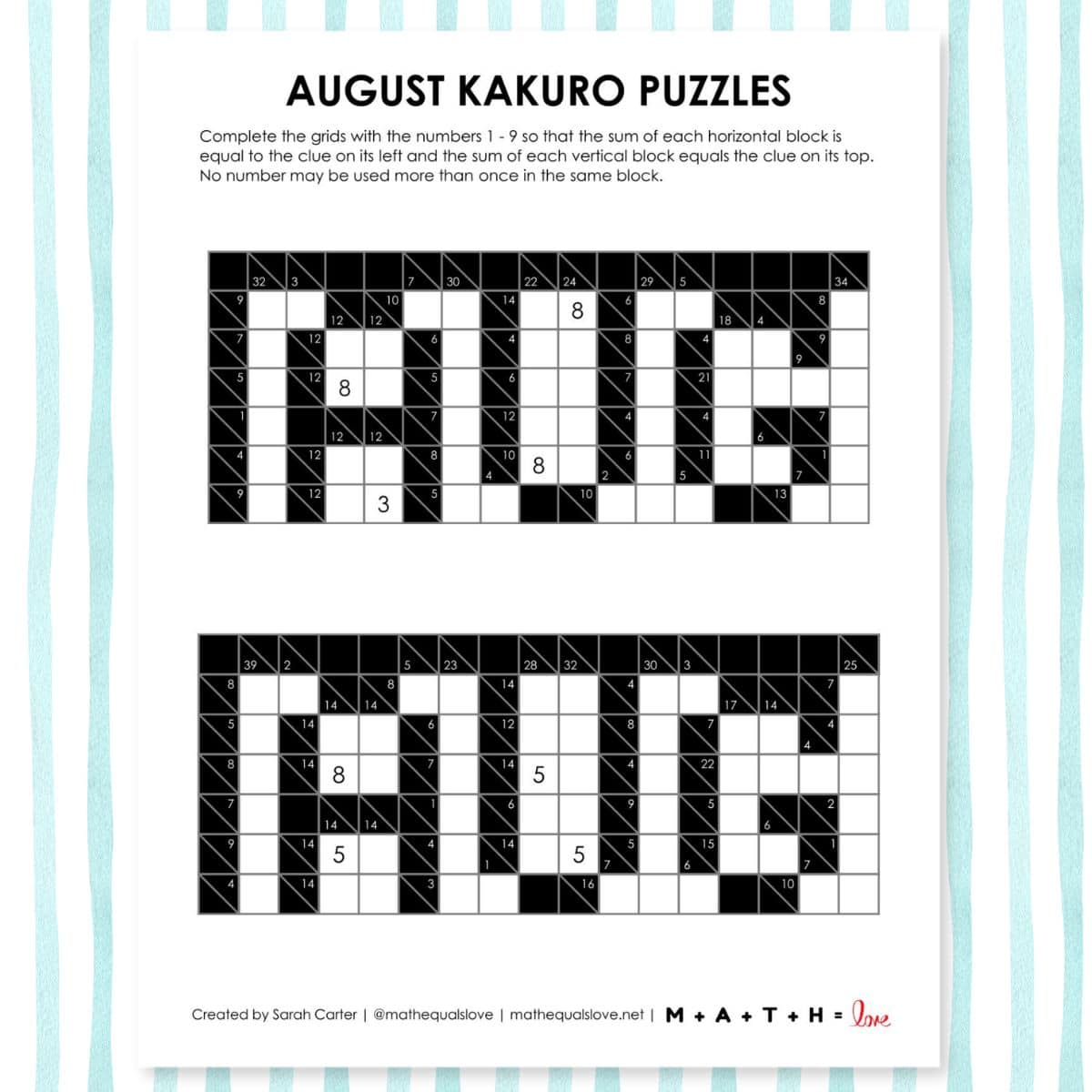 august kakuro puzzles free printable pdf.