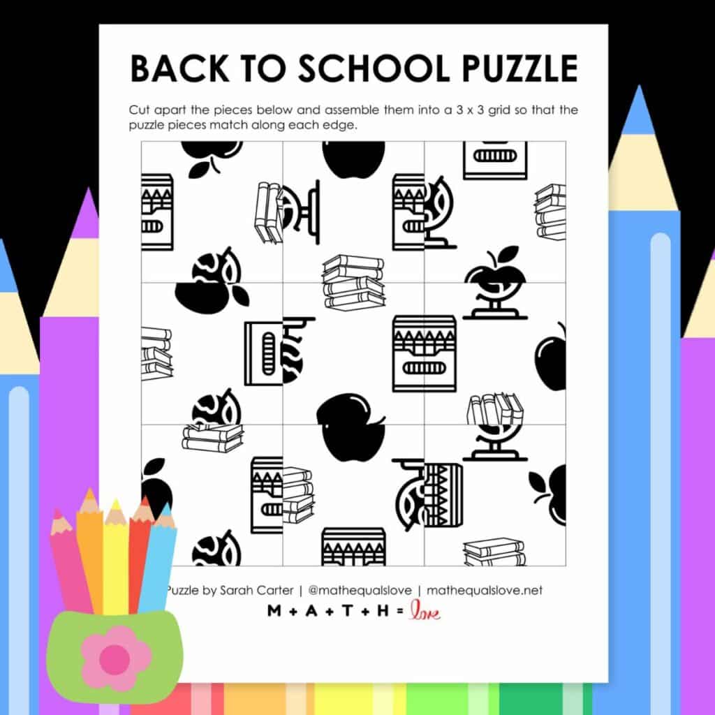 back to school square edge matching puzzle for first week of school. 