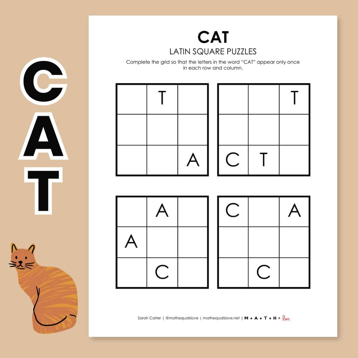 cat latin square logic puzzle printable.