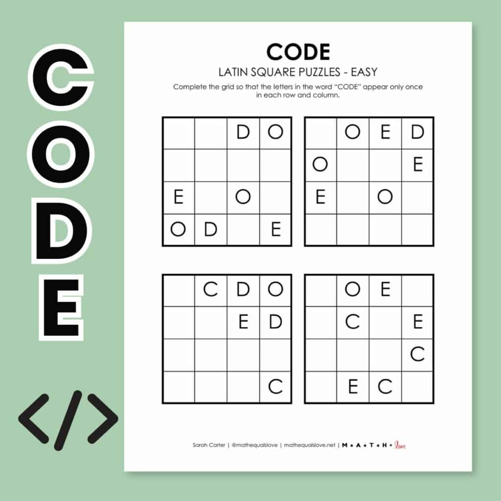 code latin square logic puzzle printable pdf.