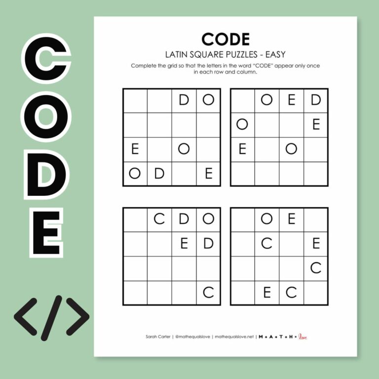 code latin square logic puzzle printable pdf.