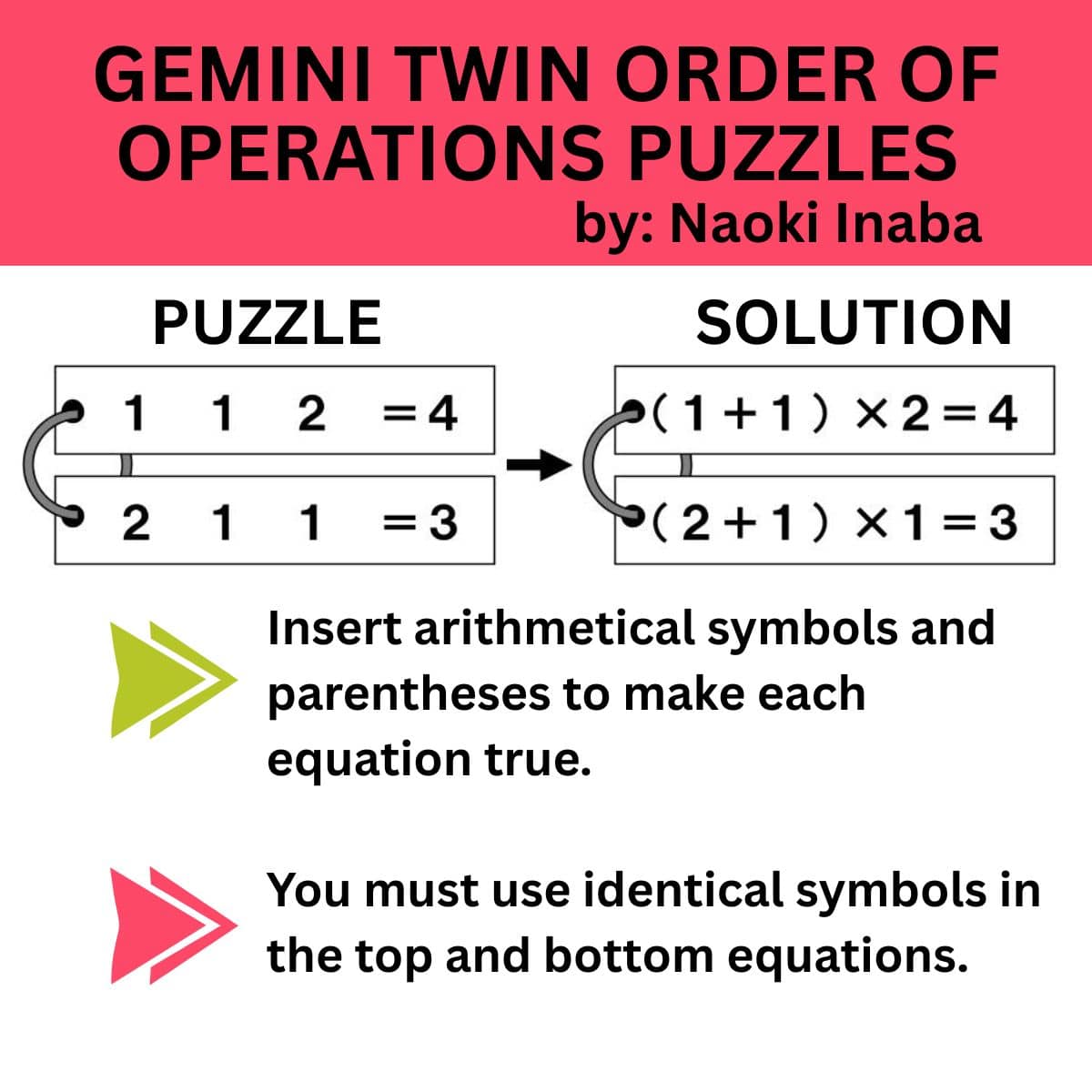instructions and example for gemini twin order of operations puzzles by naoki inaba.