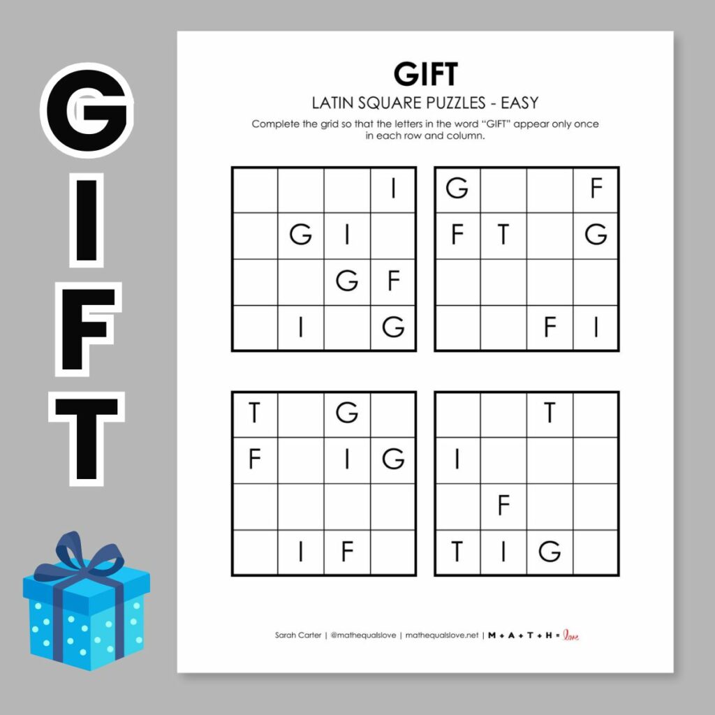 gift latin square logic puzzle free printable pdf. 