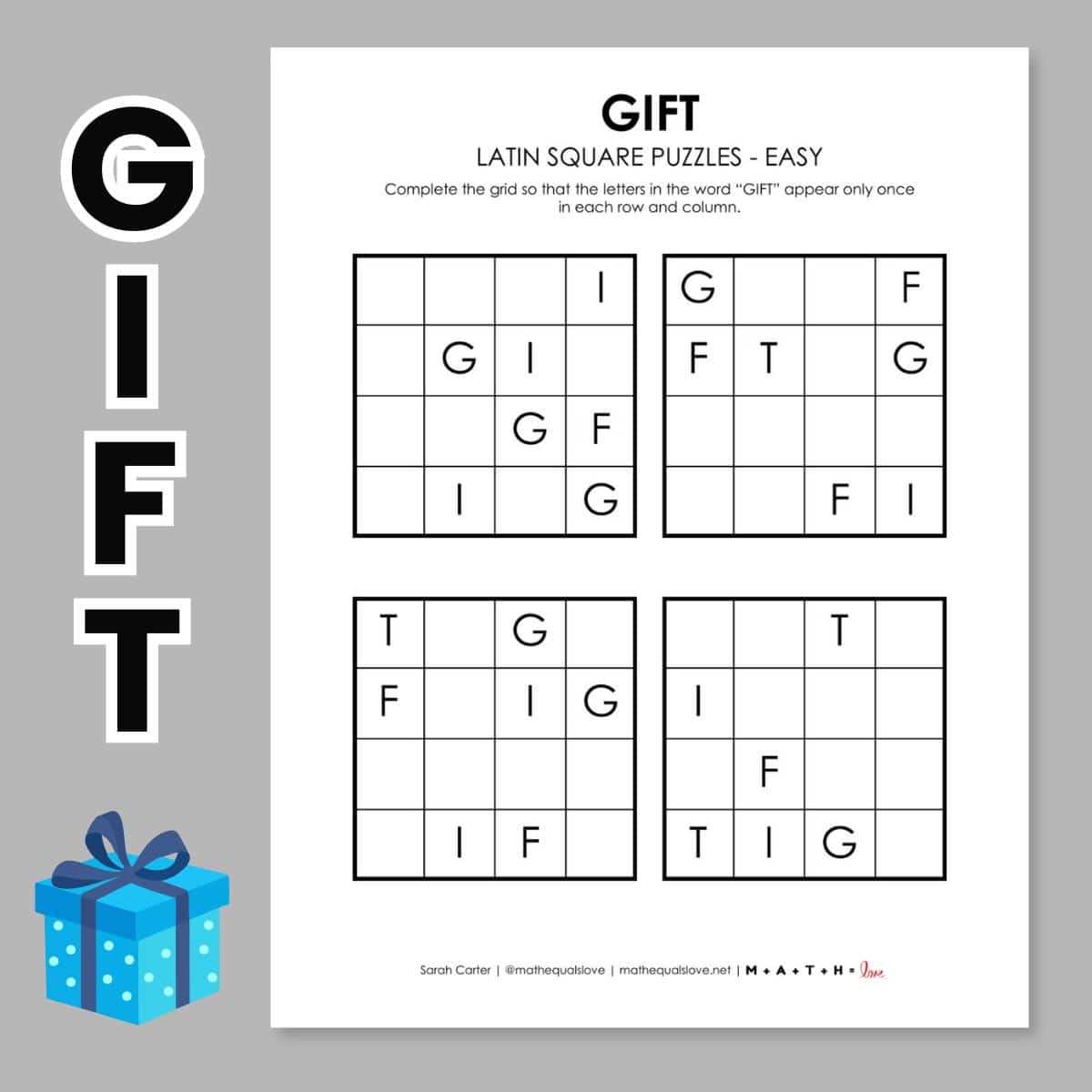 gift latin square logic puzzle free printable pdf.