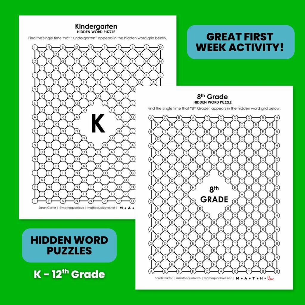 grade level hidden word puzzles from kindergarten to 12th grade. 