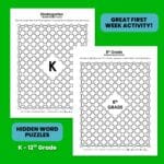 grade level hidden word puzzles from kindergarten to 12th grade.