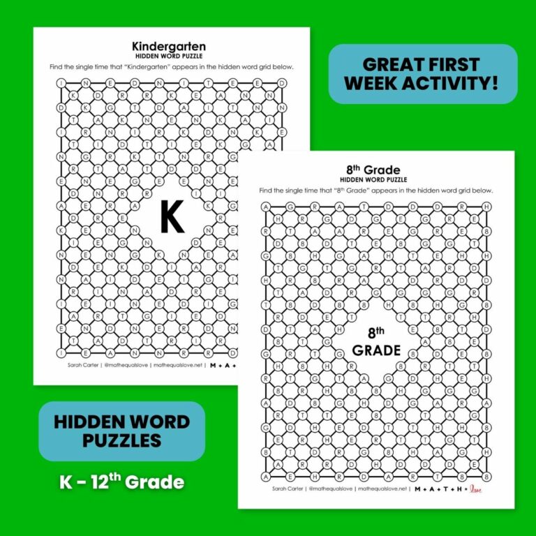 grade level hidden word puzzles from kindergarten to 12th grade.
