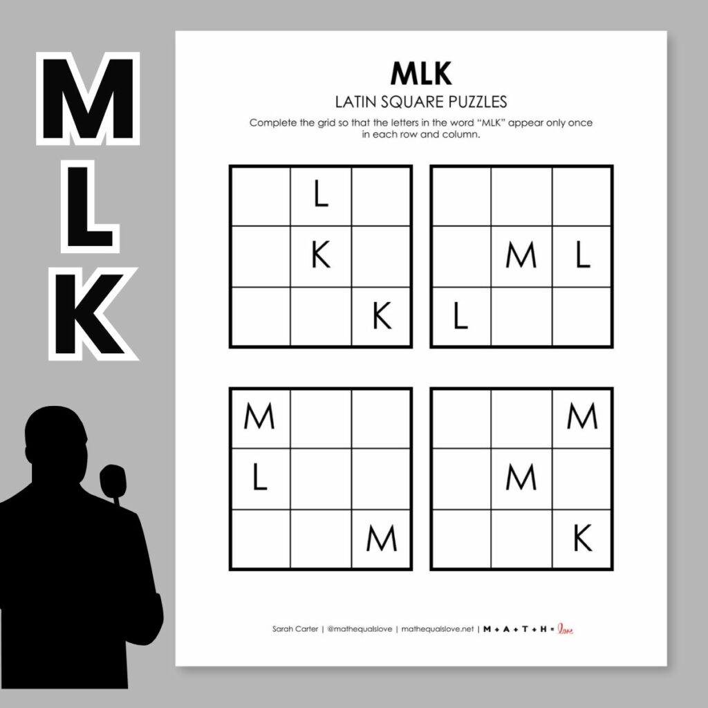 mlk day latin square logic puzzle printable pdf.