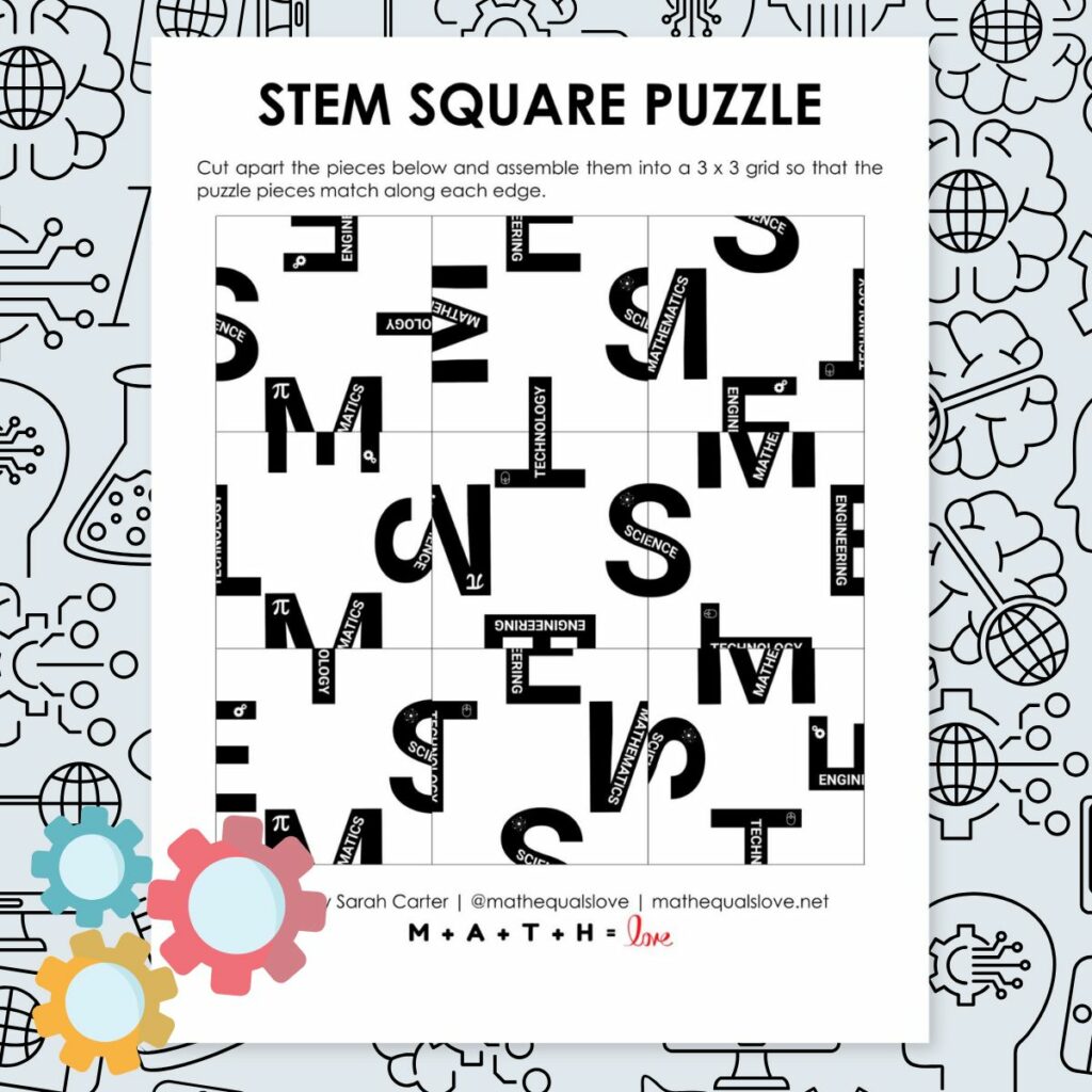 stem square edge matching puzzle for science, technology, engineering, and mathematics. 