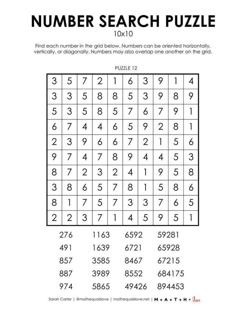 10x10 Number Search Puzzle Free Printable Pdf. 
