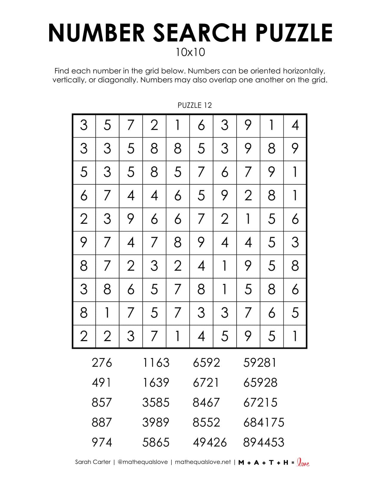 10x10 Number Search Puzzle Free Printable Pdf.