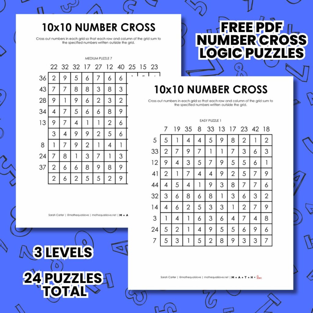 10x10 number cross logic puzzles free printable pdf. 