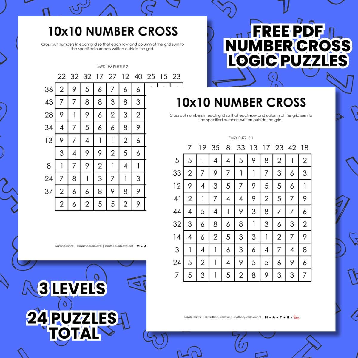 10x10 number cross logic puzzles free printable pdf.