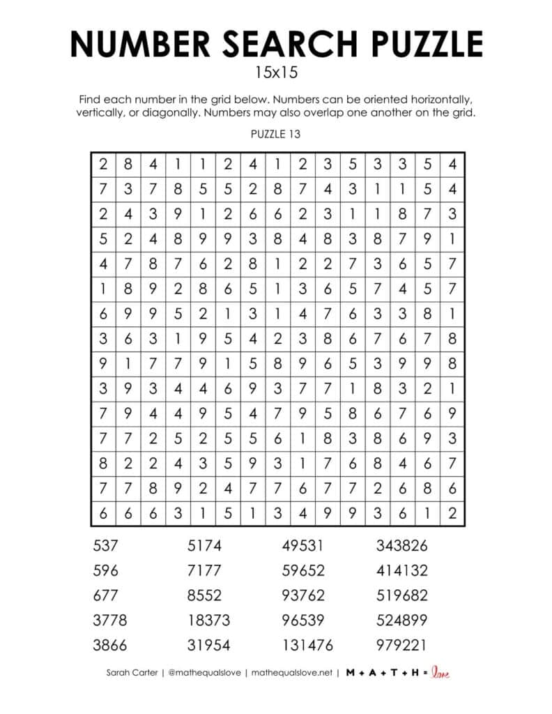 15x15 number search puzzle free printable pdf. 