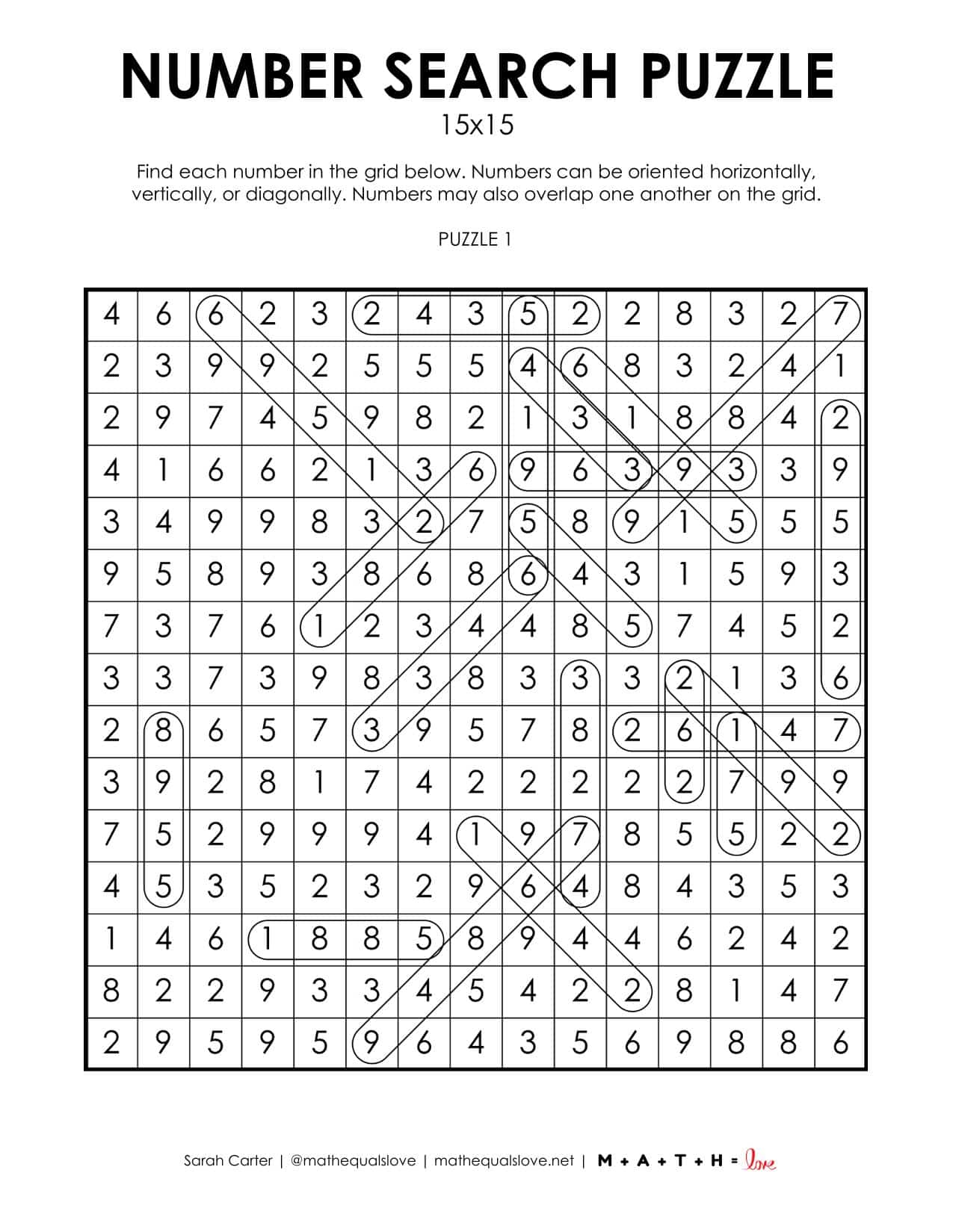 15x15 number search puzzle solution. 