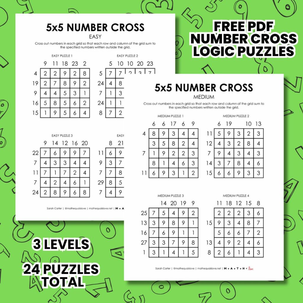5x5 number cross logic puzzles free printable pdf. 