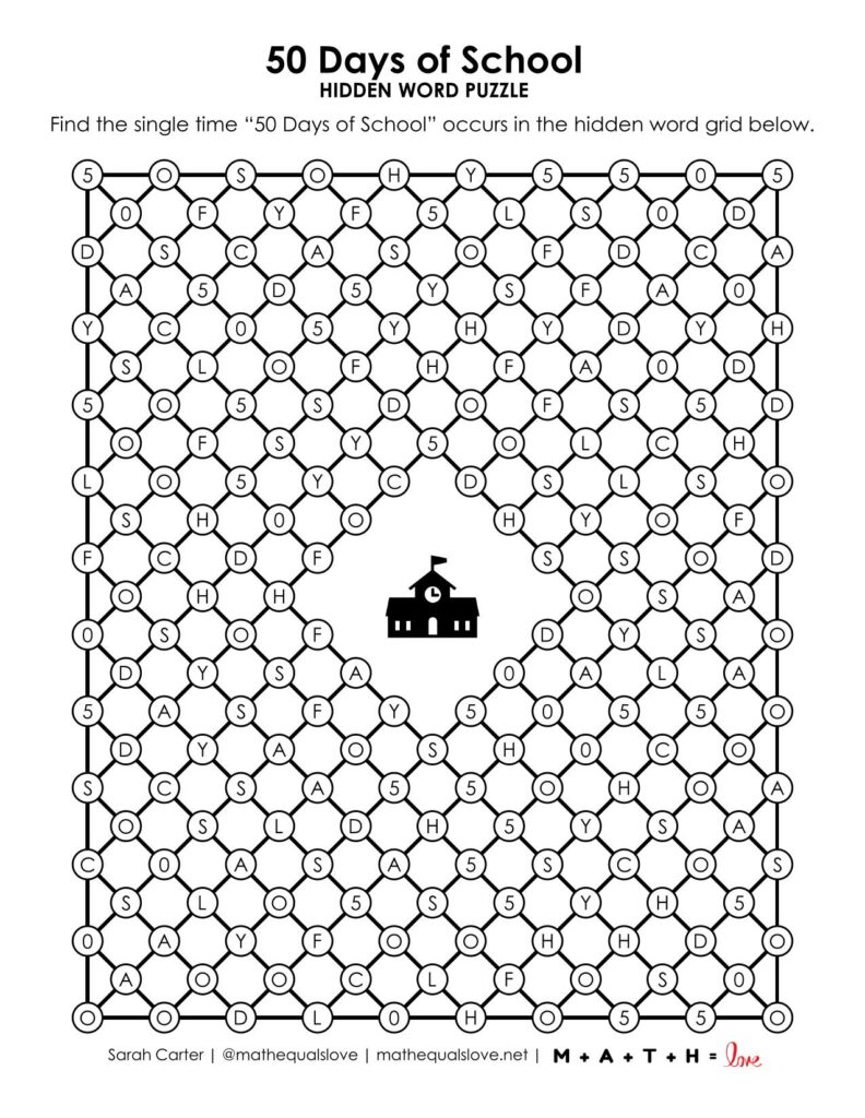 50th day of school hidden word puzzle. 