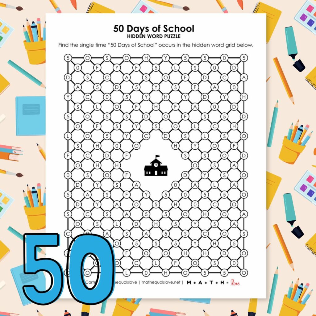 50 days of school hidden word puzzle. 