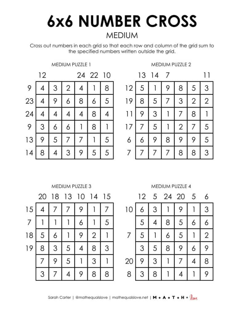 6x6 number cross logic puzzles - medium