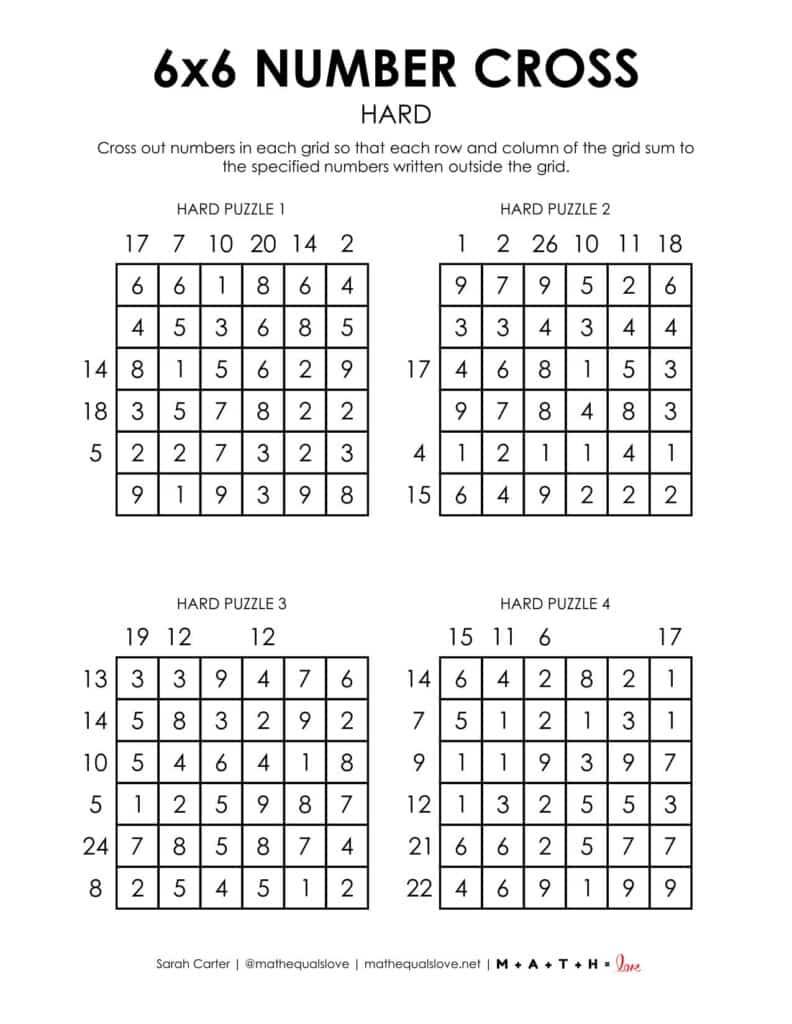 6x6 number cross logic puzzle - hard. 