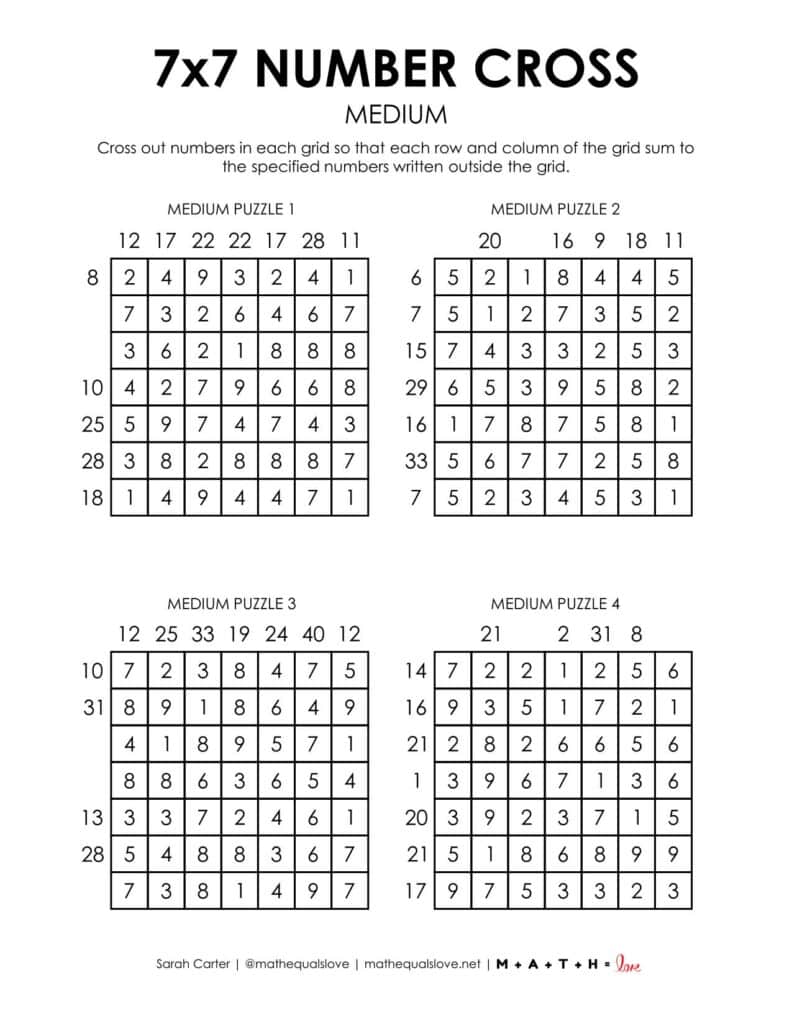 7x7 number cross logic puzzles - medium. 