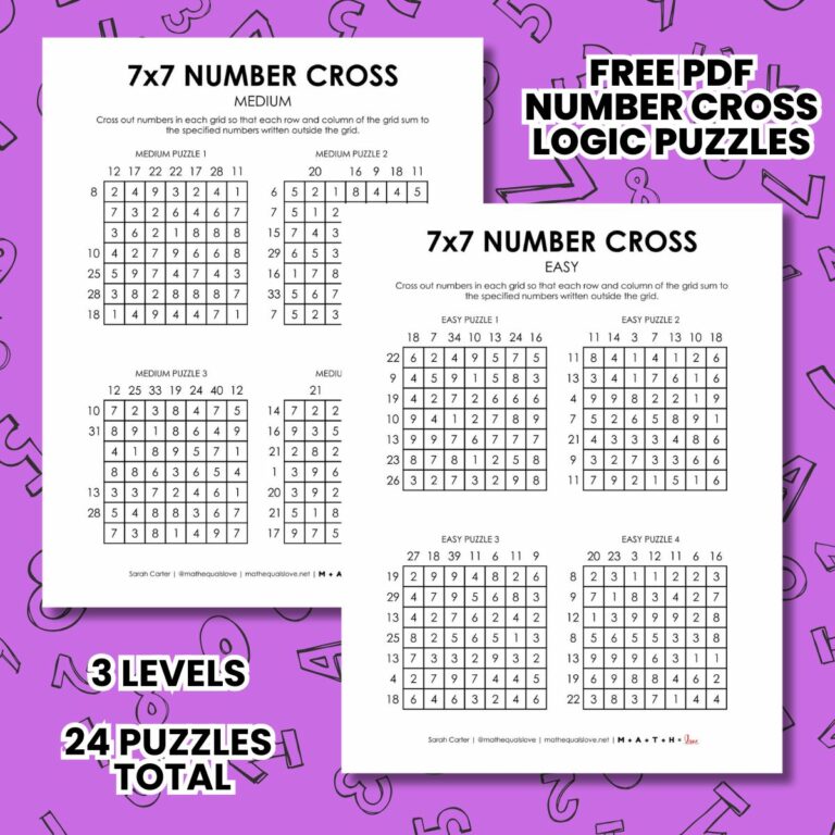 7x7 number cross logic puzzles free printable pdf.