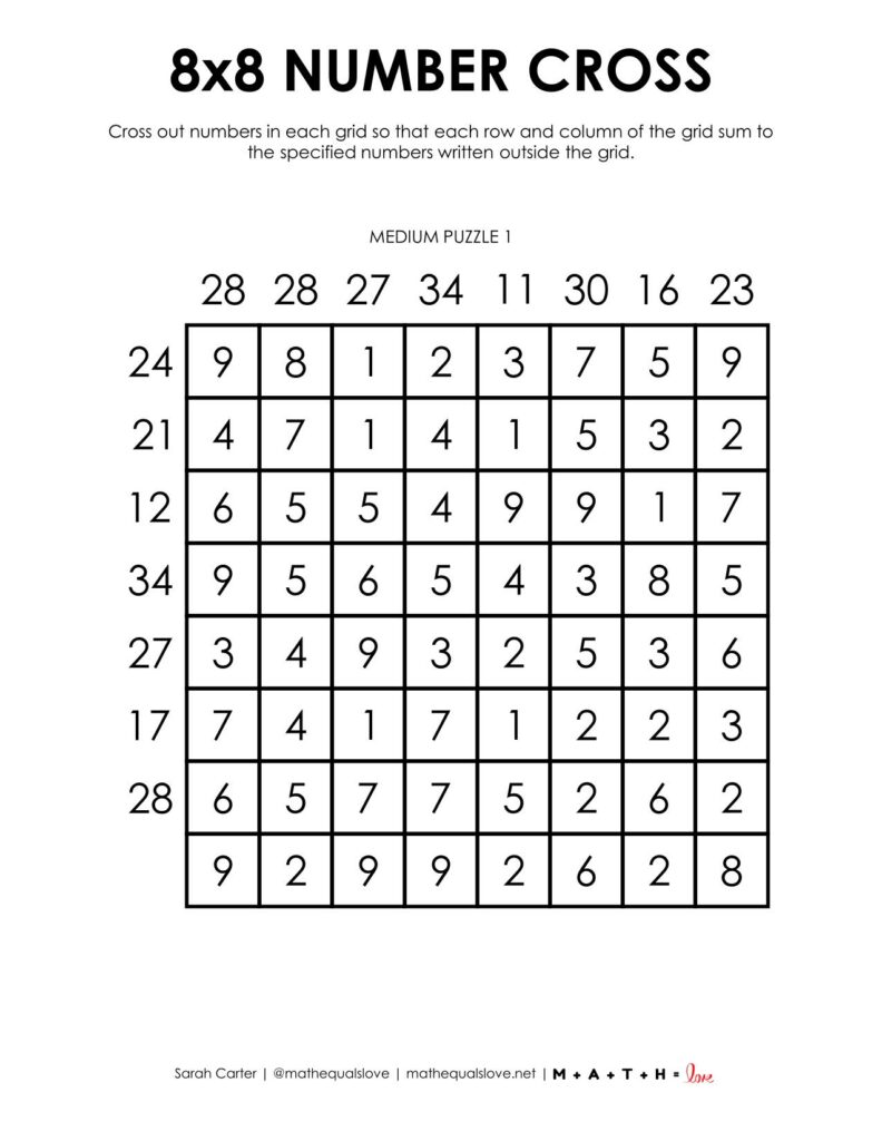 8x8 number cross logic puzzles - medium. 