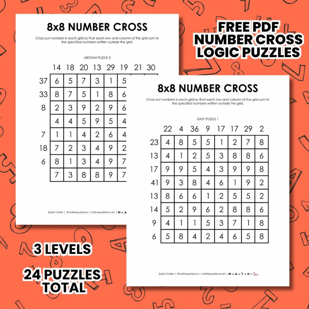 8x8 number cross logic puzzles free printable pdf. 