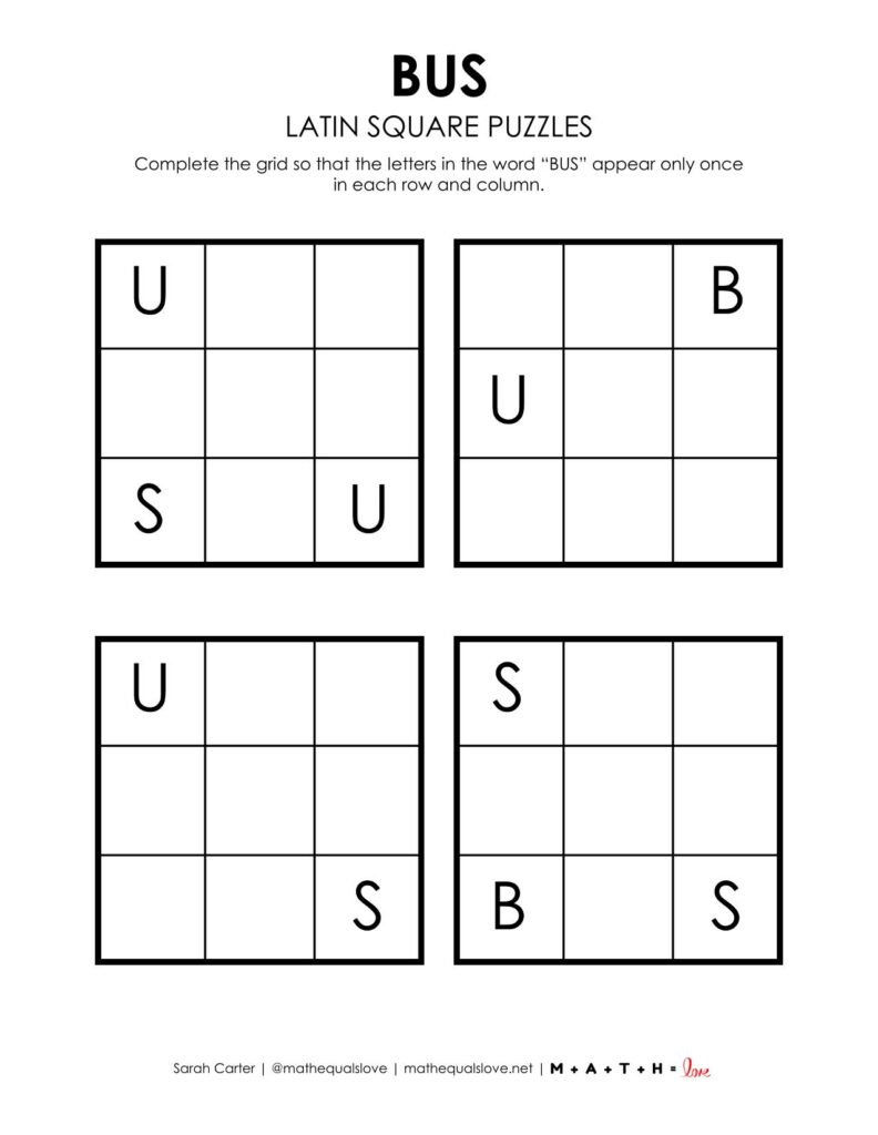 bus latin square logic puzzles. 