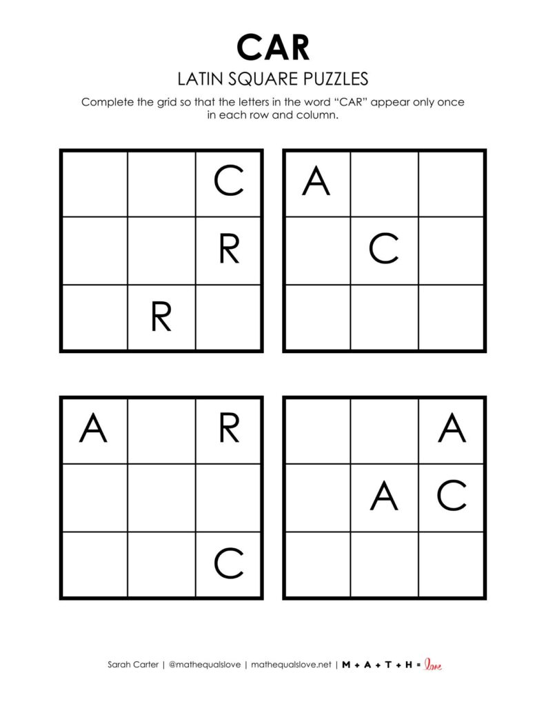car latin square puzzles printable pdf. 