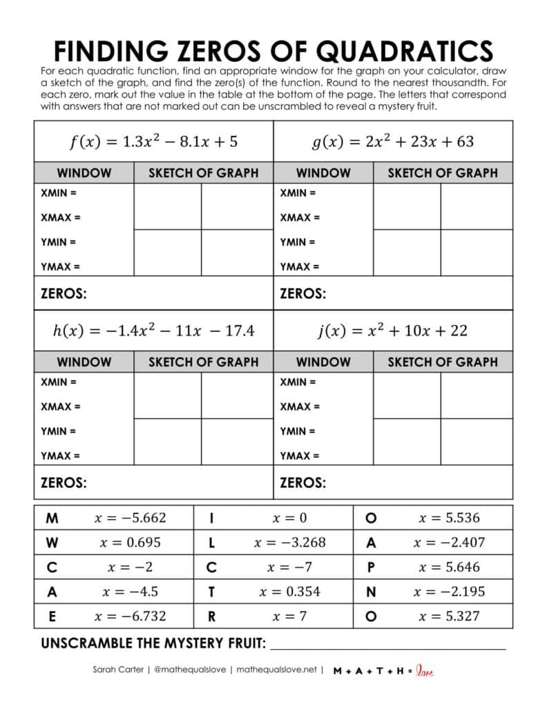finding zeros with quadratics mystery fruit worksheet. 