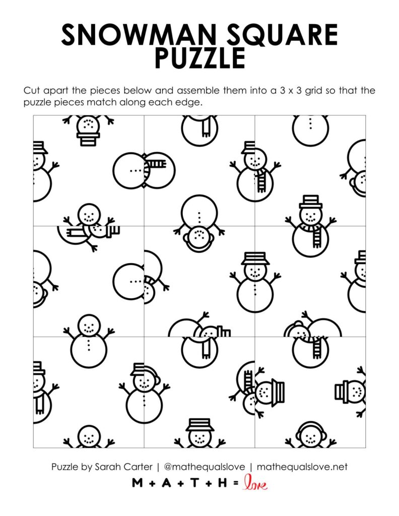 snowman square edge matching puzzle for winter. 