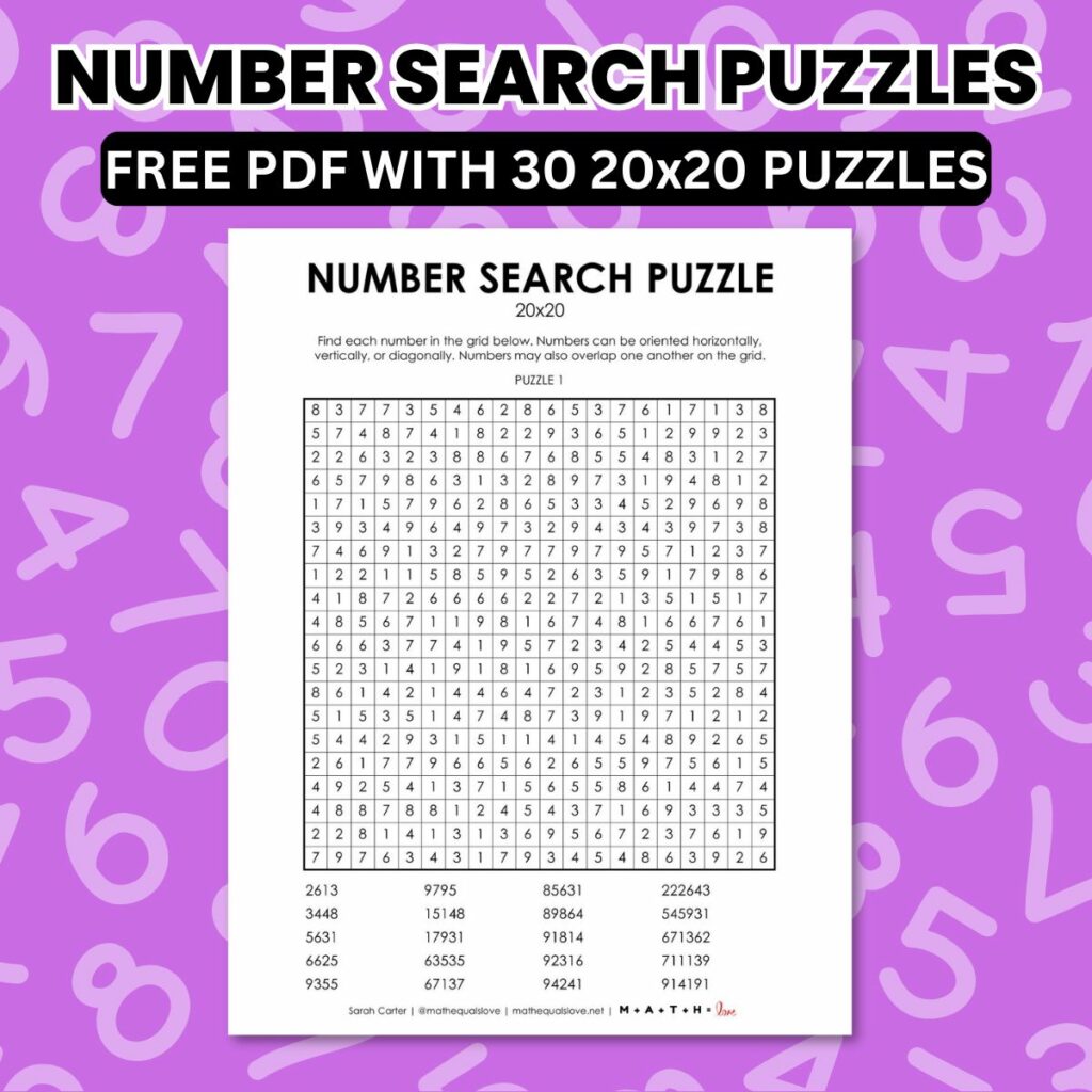 20 x 20 number search puzzles free printable pdf. 