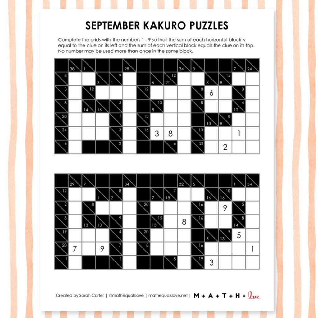 september kakuro puzzles free printable pdf. 