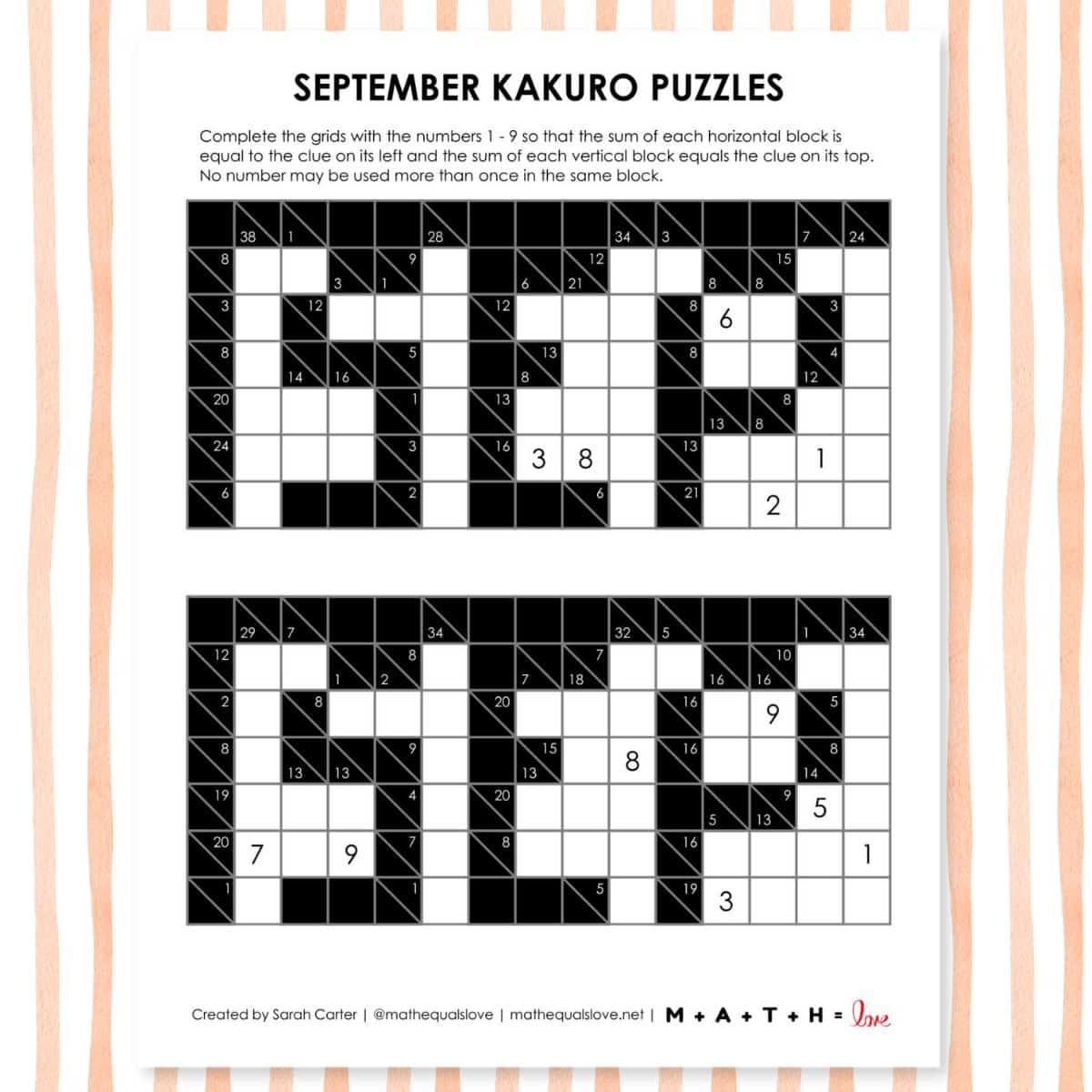 september kakuro puzzles free printable pdf.