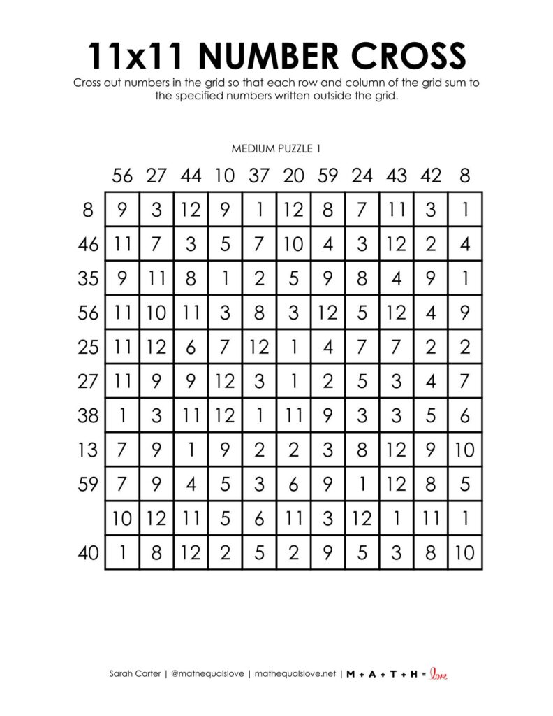 11x11 number cross logic puzzle level medium.