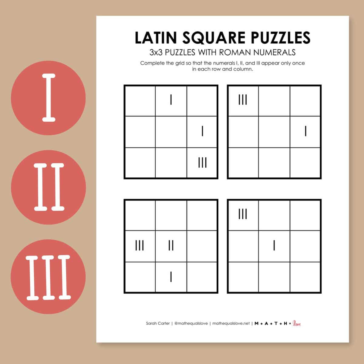 3x3 latin square logic puzzle with roman numerals.