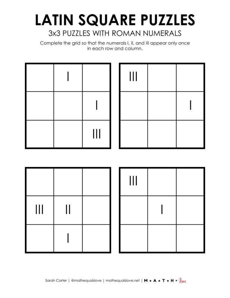 roman numerals 3x3 latin square puzzles. 