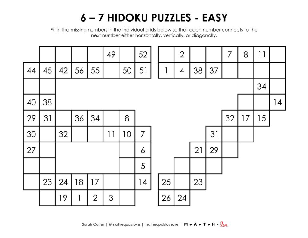 6-7 hidoku puzzles level easy. 